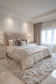 a large white bed sitting in a bedroom next to two lamps