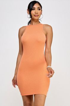 model is wearing Orange Ribbed Sleeveless Mini Dress Summer Knee-length Ribbed Bodycon Dress, Ribbed Fitted Sleeveless Mini Dress, Ribbed Bodycon Sleeveless Mini Dress, Chic Sleeveless Ribbed Stretch Dress, Summer Ribbed Bodycon Sleeveless Dress, Ribbed Bodycon Sleeveless Dress For Summer, Ribbed Bodycon Sleeveless Summer Dress, Solid Ribbed Mini Dress For Summer, Summer Sleeveless Ribbed Bodycon Dress