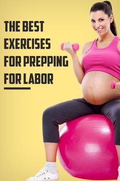 a pregnant woman sitting on an exercise ball with dumbbells and holding a pink barbell