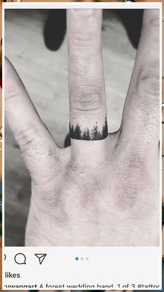 Wedding Band Tattoo - Is that what you are looking for? Act fast while everything is still fresh in your mind. Visit IMMEDIATELY to view more. Forest Wedding Ring Tattoo, Tree Wedding Ring Tattoo, Forest Ring Tattoo, Mountain Wedding Ring Tattoo, Forest And Ocean Tattoo, Watercolor Finger Tattoo, Mountain Music Tattoo, Finger Tree Tattoo, Into The Forest I Go Tattoo