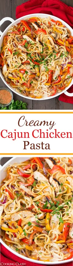 this creamy cajun chicken pasta is loaded with fresh vegetables and spices to make an easy dinner