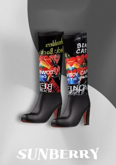 a pair of black high heeled boots with colorful images on them and the words, sunberry