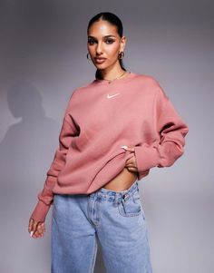 Sweatshirt by Nike For 'no plans' plans Crew neck Long sleeves Nike embroidery on front Oversized fit Nike Sweatshirts Outfit, Pink Nike Crewneck, Nike Oversized Sweatshirt, Nike Phoenix Fleece, Nike Embroidery, Nike Crew Neck, Chic Shop, Pink Nike, Spring Floral Dress