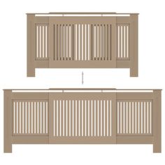 the side and back view of a wooden bed frame with slatted panels on it