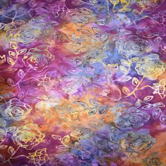 an abstract painting with flowers and leaves on purple, orange, yellow and pink colors