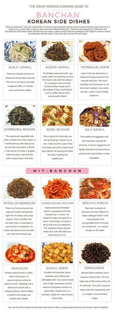 the korean side dishes guide is shown in this image, with instructions for how to make it