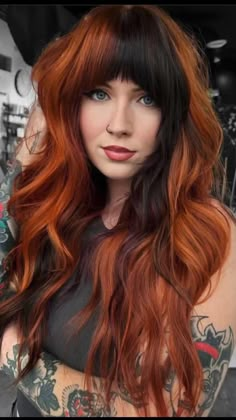 Red Color Blocking Hair, Red Hair Edgy, Red Hair For Hazel Eyes, Copper Brown And Blonde Hair, Winter Vivid Hair Color, Elder Emo Hair, Ginger Shag, Red Shag Haircut, Brown Hair With Orange Highlights