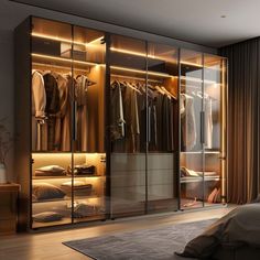 an image of a bedroom setting with clothes on hangers and lights in the closet