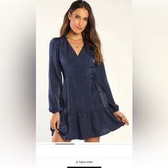 Navy Blue Satin Wrap Dress From Lulus. Never Worn. Tag Still On. Super Cute! Long Sleeve Dress Outfit, Navy Blue Wrap Dress, White Lace Skater Dress, Blue Satin Dress, Blue Wrap Dress, Skort Dress, Satin Wrap Dress, Blue Long Sleeve Dress, Long Sleeve Wrap Dress