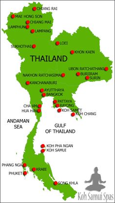 the map of thailand with all its major cities and their respective locations in green color