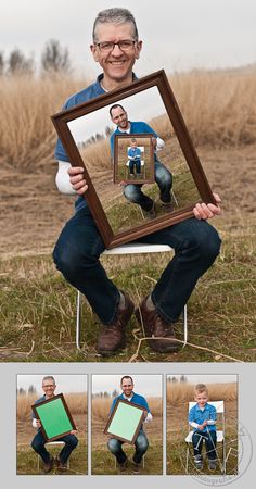 a man sitting in a chair holding up a mirror with his face on the frame