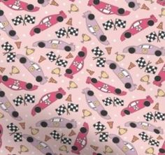 a pink background with cars and ice cream cones on it's sides, as well as polka dots