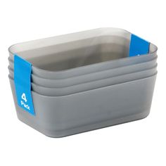 three grey plastic containers with blue handles