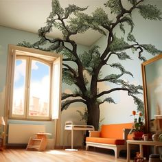 a living room with a tree painted on the wall next to a chair and window