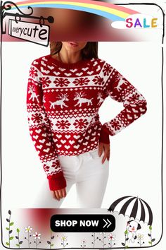 Red Deer Print Knit Christmas Sweater Red Knitted Top For Christmas, Red Knit Sweater For Holiday, Cozy Holiday Knit Sweater, Red Knit Christmas Top, Fitted Red Christmas Sweater, Knit Christmas Sweater, Knit Christmas, Deer Print, Red Deer