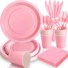 pink party supplies including plates, cups and napkins