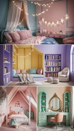 four different rooms with pink, blue and yellow accents in them are all decorated by the same color scheme