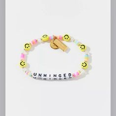 Urban Outfitters Little Words Project Exclusive Unhinged Beaded Bracelet Casual Yellow Beaded Chain Jewelry, Yellow Adjustable Beaded Bracelets Playful Style, Yellow Adjustable Beaded Bracelets, Playful Adjustable Yellow Beaded Bracelets, Adjustable Yellow Playful Beaded Bracelets, Playful Yellow Jewelry With Letter Beads, Trendy Yellow Jewelry With Letter Beads, Summer Yellow Bracelets With Letter Beads, Trendy Yellow Beaded Bracelets With Letter Beads