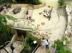 an aerial view of people walking around the zoo enclosures and exhibit area, with animals on display