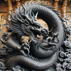 a statue of a dragon in front of a building