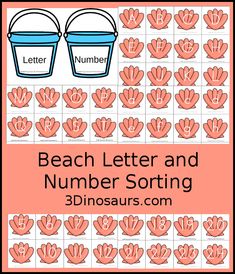 the beach letter and number sorting game is shown with two buckets on each side