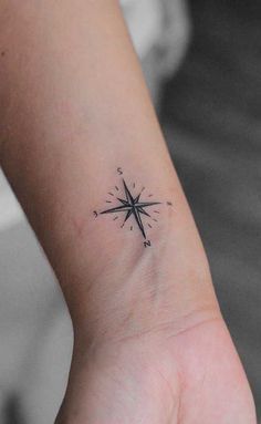 a small compass tattoo on the wrist is shown in black and white, as well as an arrow