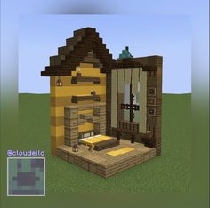 an image of a small house made out of wood and brick with a bed in the middle