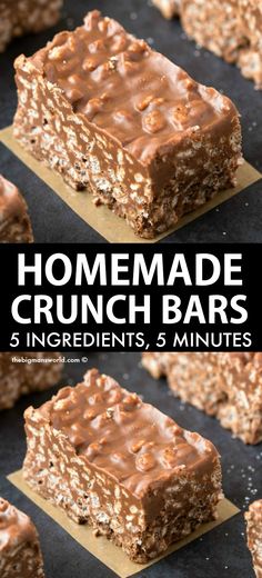 homemade crunch bars with chocolate frosting on top and the title above it reads, homemade crunch bars 5 ingredients, 3 minutes