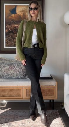 Lani Ozark, Green Button Up Sweater Outfit, Forest Green Sweater Outfit, Olivia Jade Style, Olive Green Outfit Aesthetic, Green Cardigan Outfit Aesthetic, Olive Cardigan Outfit, Green Cardigan Outfits, Olive Green Cardigan Outfit