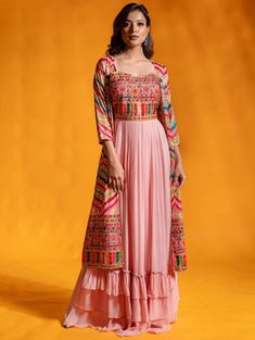 Dress With Shrug Indian, Georgette Dress Indian, Long Dresses Indian Style, Long Dress Designs Party Wear, Shrugs For Indian Dresses, Western Gowns Party Wear, Party Wear Dresses Western, Gowns Dresses Indian, Orang India