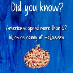 a blue background with an image of candy in a bowl and the words did you know? americans spend more than $ 2 billion on candy at halloween