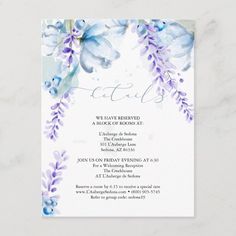 a blue and white wedding card with purple flowers on the front, in watercolor