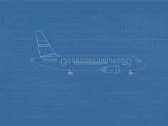 a blueprint drawing of an airplane on a blue background with the outline of the plane