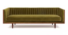 Woodrow Linea 87" Fabric Sofa, Walnut/Guac Velvet Wood Frame Couch, Green Sofa Living, Sofa Wood Frame, Upholstery Design, Mid Century Modern Sofa, Premium Sofa, Green Sofa, Wooden Sofa