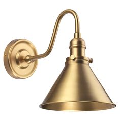 an antique brass wall light with a metal arm and cone shaped shade on the side