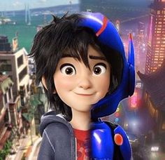 an animated character is standing in front of a cityscape and looking at the camera