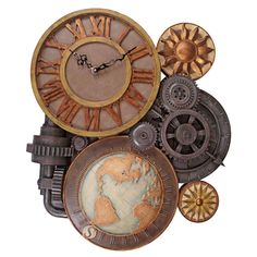 an assortment of clocks with different designs and colors on the faces, including one showing the world