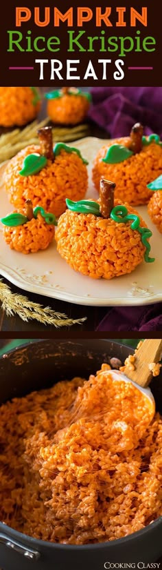 pumpkin rice krispy treats in a black pan and on a white plate with green sprinkles