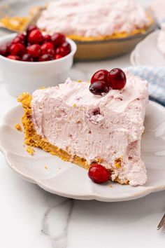 a piece of pie on a plate with cherries