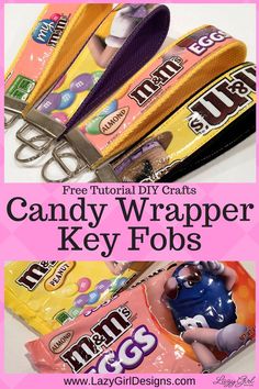 candy wrapper key fobs with text overlay