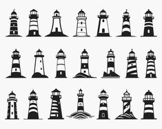 lighthouses are shown in black and white on a light house silhouetted against a white background