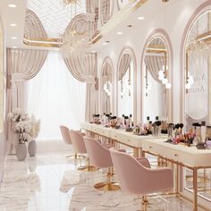 the interior of a beauty salon with pink chairs and chandeliers