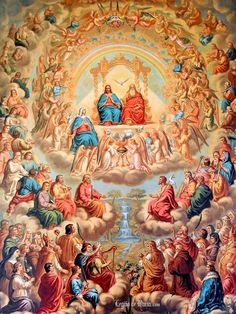 an image of the last supper of jesus with angels and other people around him, painted on a wall