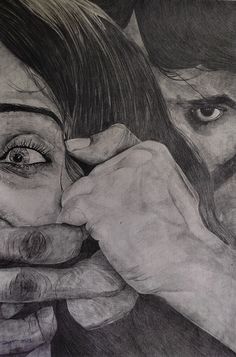 a pencil drawing of a man and woman holding each other's hands to their lips