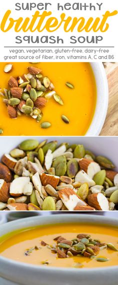 two bowls of carrot soup with nuts and pumpkin seeds in the middle, one bowl is filled