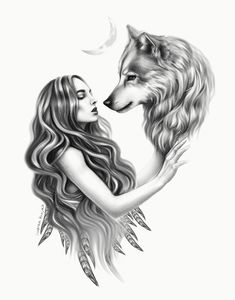 a drawing of a woman and a wolf