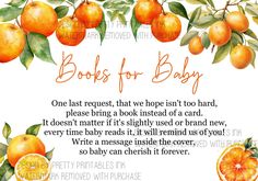 an orange themed baby shower is featured in this watercolor style with the words books for baby