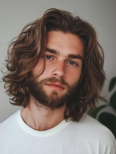 Length Hair Men Long, Shoulder Length Mens Hairstyles, Brown Hair Guy Aesthetic, Men With Brown Hair, Medium Long Hair Styles Men, Brown Hair Outfit Ideas, Men Brown Hair, Long Hair And Beard, Men Long Hair