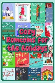 many books are stacked together with the words cozy rooms for the holidays in pink and green