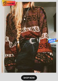 Boho Floral Knitted Shift Sweater Stile Hippie Chic, Looks Hippie, Hippie Aesthetic, Boho Mode, Mode Hippie, Looks Country, Fashion 90s, Estilo Hippie, Puff Sleeve Sweater